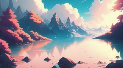 Fototapeta na wymiar Beautiful Landscape wallpaper 4K, Lake, mountains and trees, Generative AI, Digital Art
