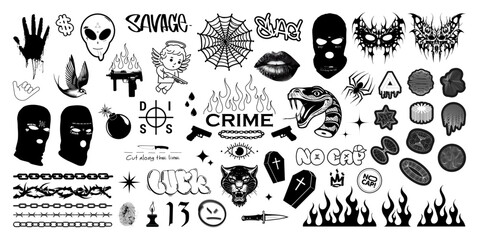 Crime elements, graphic set gang tattoo, brutalism elements, trendy urban symbols, y2k, abstract geometric shapes, gangsta tattoo. Typographic, t-shirt, streetwear, prints underground graphic box.