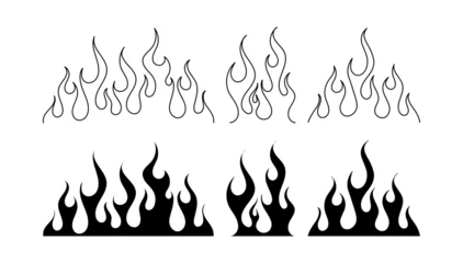 Fotobehang Classic silhouette flame. Black fire set isolated on white background. Old school tattoo neo-tribal style or silhouette flame for cars. Minimalistic stylish fire outline and filled contour. Vector set © SergeyBitos