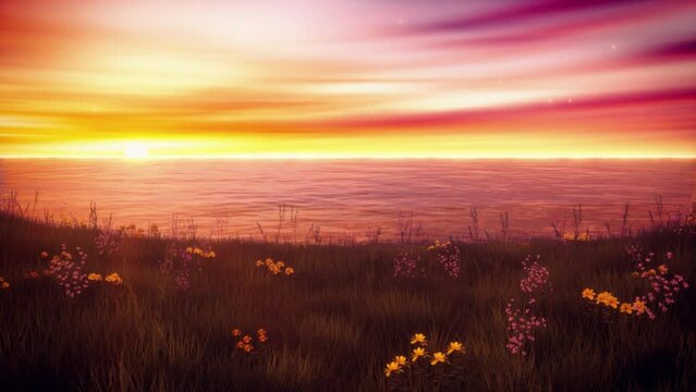 Colorful Sea Sunset from a Grass Hill - Loop Abstract Nature Landscape Background V2