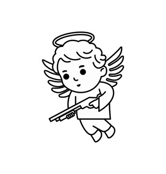 Flying angel cupid with a shotgun in outline style. Black and white logo or icon flying cute cupid angel with a halo over his head and weapons. Cartoon isolated logo on white background. Vector