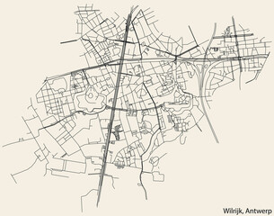 Fototapeta na wymiar Detailed hand-drawn navigational urban street roads map of the WILRIJK DISTRICT, ANTWERP Belgium with vivid road lines and name tag on solid background