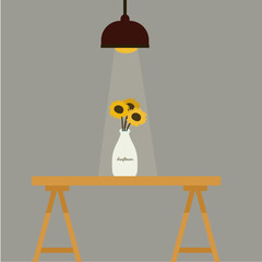 Sunflowers with Vase on a Table and Shine Light Lamp