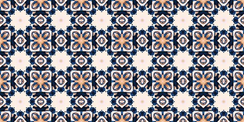  Blue white watercolor azulejo tile border background. Seamless coastal blur bleed geometrical floral mosaic effect banner. Ornamental arabesque summer fashion repeat edge trim.