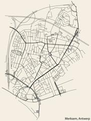 Fototapeta na wymiar Detailed hand-drawn navigational urban street roads map of the MERKSEM DISTRICT, ANTWERP Belgium with vivid road lines and name tag on solid background