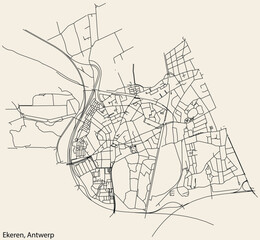 Fototapeta na wymiar Detailed hand-drawn navigational urban street roads map of the EKEREN DISTRICT, ANTWERP Belgium with vivid road lines and name tag on solid background