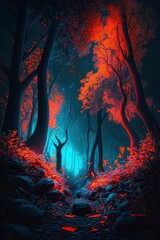 illustration, colorful very beautiful forest night in autumn,generative ai