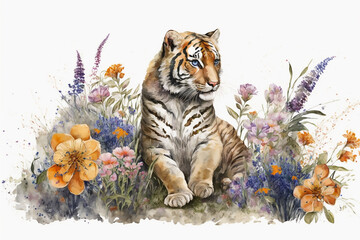 Watercolor painting of beautiful tiger in a colorful flower field. Ideal for art print, greeting card, springtime concepts etc. Made with generative AI.
