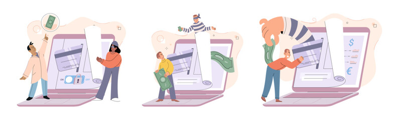 Hacker activity. Hacking computer. Phishing account, steal data, cyber attack. Stealing password. Cyber crime, theft personal information, cyber security spy access. Internet fraud scenes set metaphor