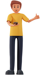 Man holding smartphone and showing  thumb finger up 3d illustration. Network communication concept with 3d man character with cell phone and showing thumb finger up