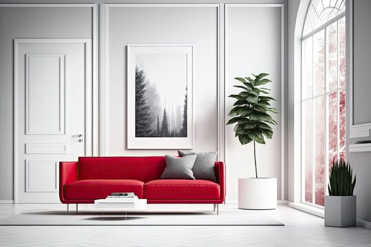 red sofa in a white minimalist living room. Generative AI
