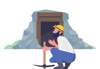 A miner waiting in front of a gold mine with a headlamp and a pickaxe. The miner wears a helmet. Minimal character design. He mines gold or minerals. © VECTOR FUN
