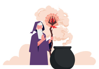Wizard on background. Characters in robes costume and hats with beard. Old men hold magic stone. Cartoon sorcerer and alchemist. Vector witchcraft mascot illustration