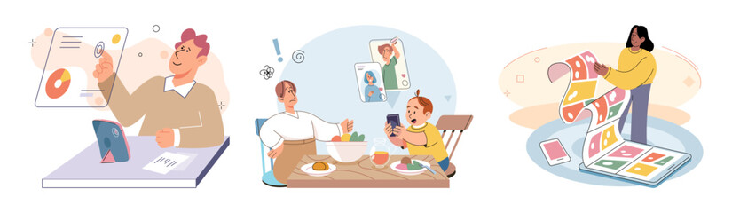 Happy little kid using tablet, child watching smartphone while eating at kitchen at home. Irritated mom is nervous that kid is distracted during feeding and spends too much time with gadgets