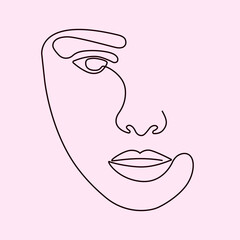 Vector illustration of a woman s abstract face. Minimalism. Line. Fashion illustration for cosmetics. Continuous line Art. Beauty logo.