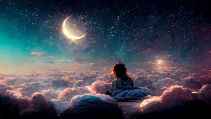 Girl in bed in the clouds - Dreamy sky landscape - Generative AI
