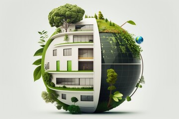 A green, multi story apartment complex with a globe decorated with eco friendly icons. Strict requirements and high living requirements. Sustainable, low impact on the planet's energy supply, and comp