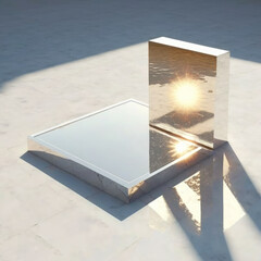 reflection of a city skyline in a lake background for cosmetic products, mock up pedestal. AI generation.