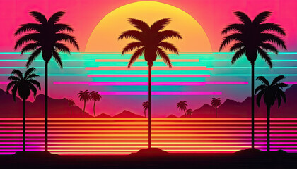 Fototapeta na wymiar 80s Retro Neon gradient background. Palms and sun. Tv glitch effect. Sci-fi beach generative ai