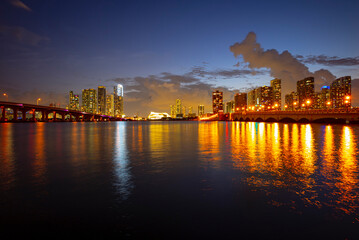 Fototapeta na wymiar Skyline of Miami. Night sunset in Miami downtown.
