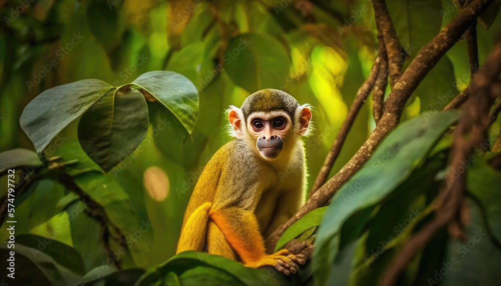 Wall mural look at squirrel monkey in ecuadorian jungle in amazon generative ai