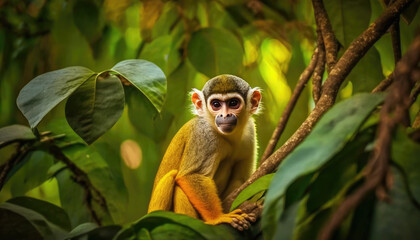 Obraz premium Look at Squirrel monkey in ecuadorian jungle in amazon generative ai