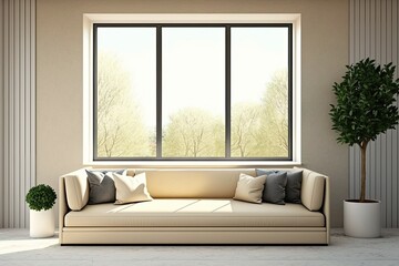 Beige sofa and traditional panel wall mockup in a modern luxury room with windows overlooking a scene of greenery and blue sky. White window in modern living room design. illustration. Generative AI