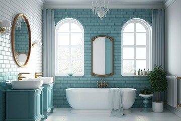 blue and white brick bathroom concept. bathtub, double sink with antique mirrors, and tiled wooden floor. side view mockup. Generative AI