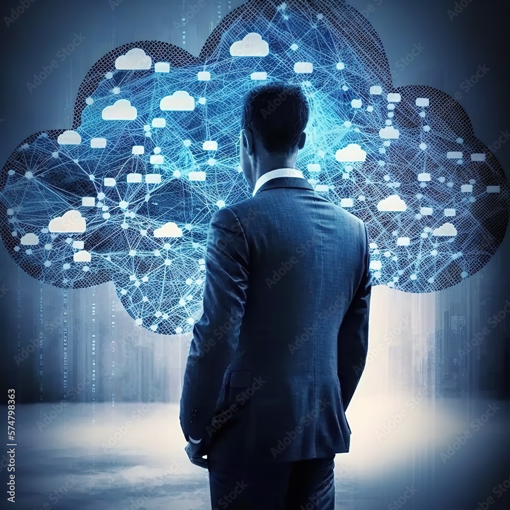 Poster businessman connects to data information via the cloud computing network and connectivity technologi