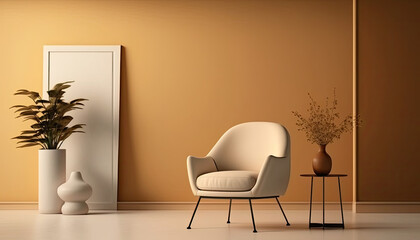 Modern minimalist interior with an armchair on empty cream color wall background generative ai