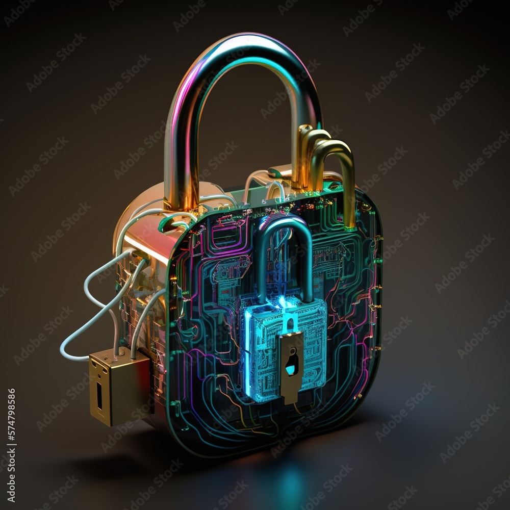 Poster padlock and key, data security at the circuit's convergent point. privacy of cyber data and informat