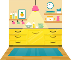 Kitchen with furniture flat illustration. Baking process - egg, flour, dough. Interio vector illustration
