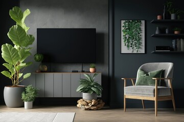 A TV with a wooden plate above the cabinet hangs on a gray wall in a contemporary living room with an armchair, bookcase, curtain, and plant. Generative AI