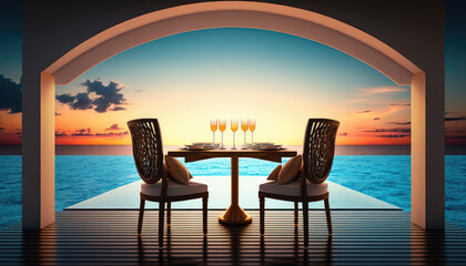 Seascape view under sunset light with dining table with infinity pool around. Romantic tropical getaway. Chairs, food and romance. Luxury destination dining, honeymoon template