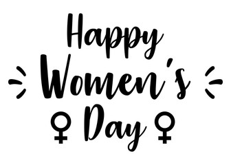 Logo feminista. Letras palabra Happy Woman's Day en texto manuscrito con símbolo femenino - obrazy, fototapety, plakaty