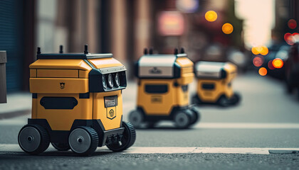 Obraz na płótnie Canvas Selective focus. Some Delivery robots on the street generative ai,