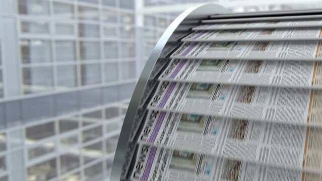 Close up view to conveyor belt with fresh newspapers with printed latest news. Office of typography with popular tabloid where every morning products the newspaper with loud titles, 3d render loop.
