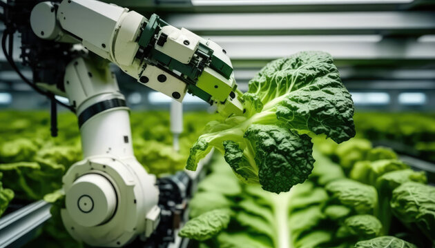 Smart farming agricultural technology Robotic arm harvesting hydroponic lettuce in a greenhouse generative ai