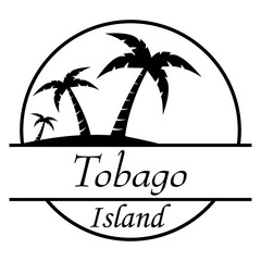 Destino de vacaciones. Logo aislado con texto manuscrito Tobago island con silueta de isla con palmeras en círculo lineal