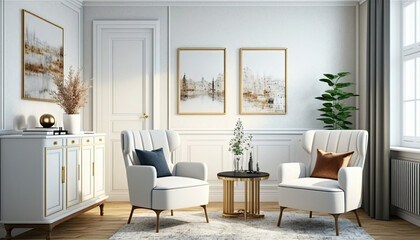 Fototapeta na wymiar White living room interior with two armchairs and coffee table, dresser with art decoration, carpet on hardwood floor generative ai