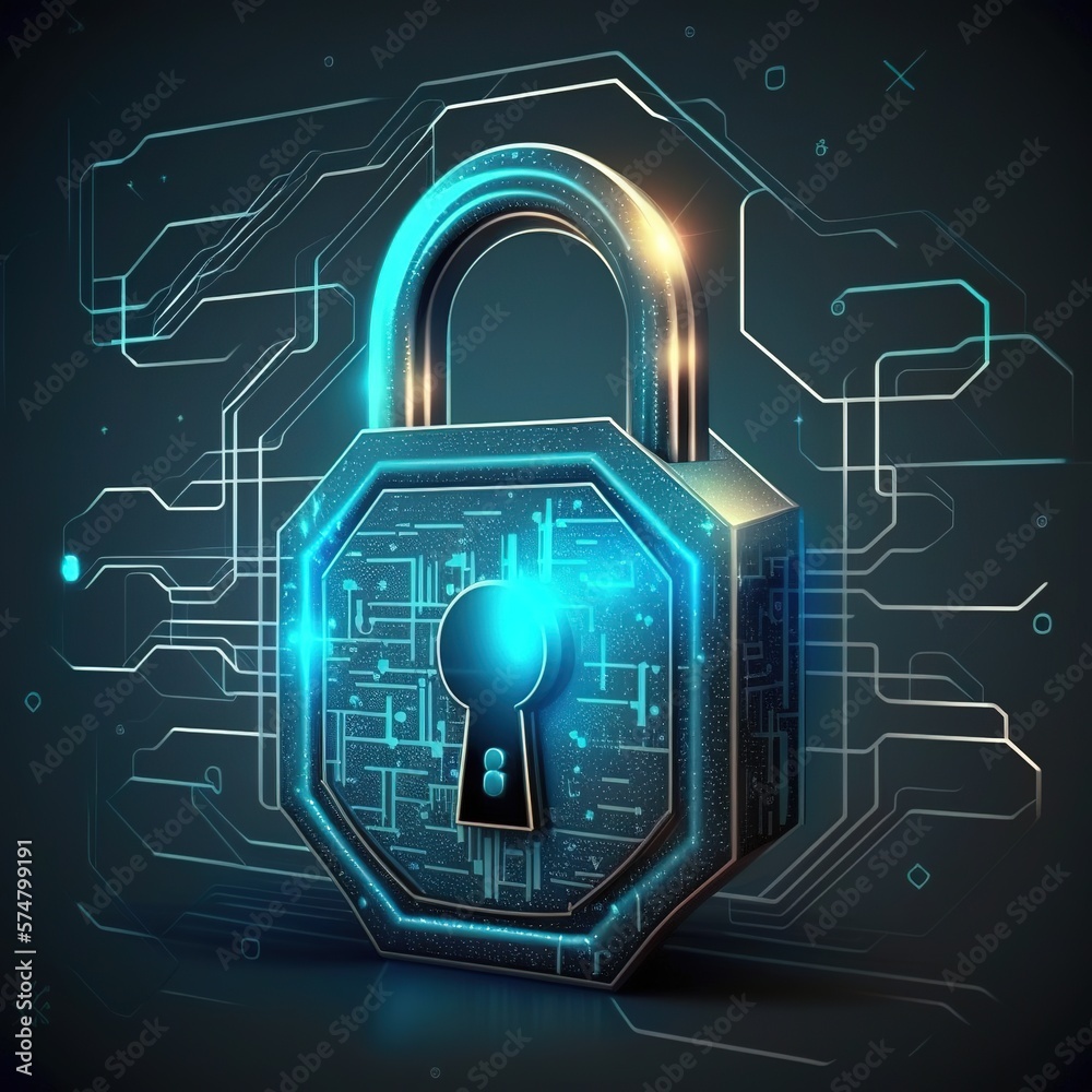 Poster concept of data security and protection using a digital glowing padlock on a computer screen in an a