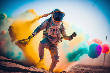 Colorful illustration of an astronaut at the festival, life is full of bright colors, multicolored powder paint, ai generated