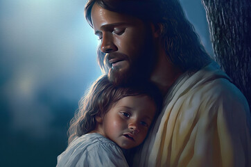 Jesus and childy, biblical illustration, generative ai