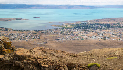 Panoramic view of the city of El Calafate and Lake Argentino. Top view