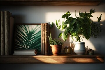 Empty wooden shelf and plant. desk back. shadows. Generative AI