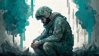 Artistic Expression of a Veteran's Struggle with PTSD, painting.  Generative AI