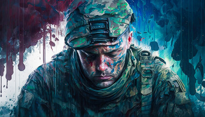 Emotional Painting Artwork Depicts Veteran's Struggle with PTSD. Generative AI