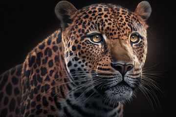 Fototapeta na wymiar Cheetah, leopard, jaguar closeup portrait. Jaguar - animal front view. Close up on a jaguar eyes on black background. generative ai
