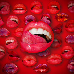 Sexy lips. Sexy tongue licking sensual lips. Lips and mouth. Female lip in red background. Woman lips.