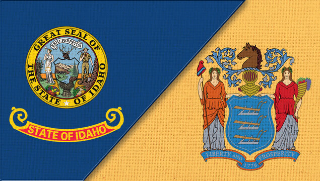 Flags of Idaho and New Jersey. Concept of relations. Doudle flags of states